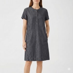 EILEEN FISHER Tencel / Organic Cotton Blend Chambray Short Sleeve Shirt Dress XS